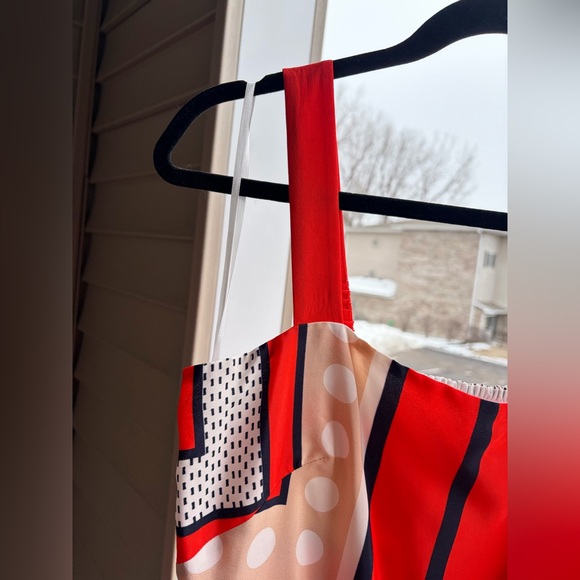 🆕🌹Eliza J Red Geometric Print Maxi Dress Size 8P Smocked Summer Midi Maxi Dress - Picture 9 of 14